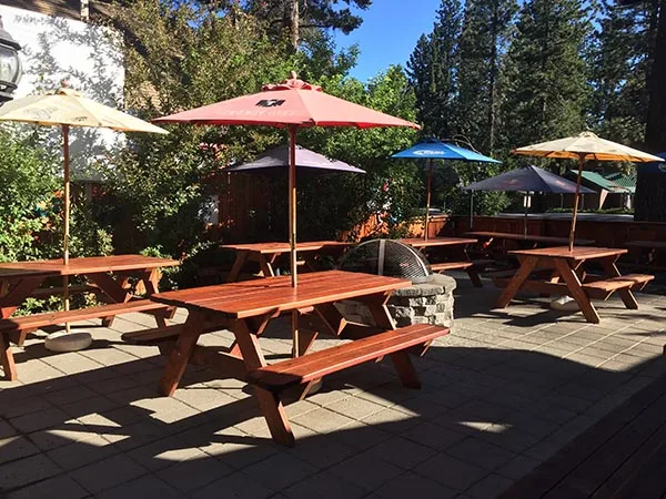 Picnic tables and umbrellas on the patio
