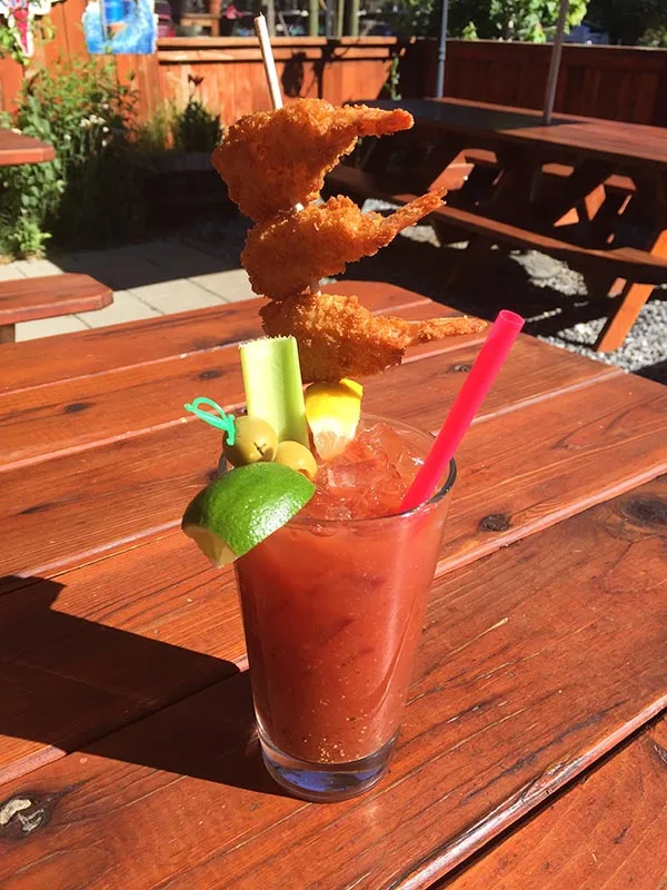 The famous Shrimp Bloody Mary, loaded with garnish