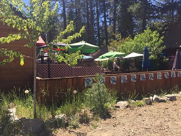 The patio and pines seen from Emerald Bay Road